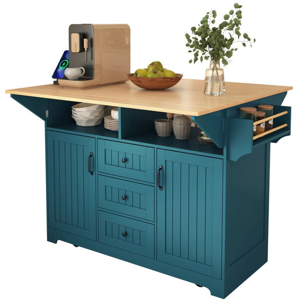 English Elm K&k Rolling Kitchen Island with Drop Leaves Power Outlet Drawers and Spice Rack Green N707S186617E