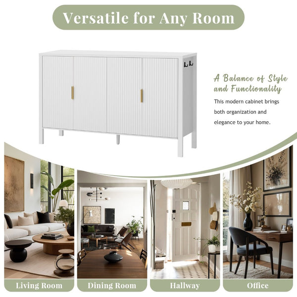 English Elm U_style Striped Four Door Sideboard Mdf Buffet Cabinet with Adjustable Shelves for Dining White N711P345170K