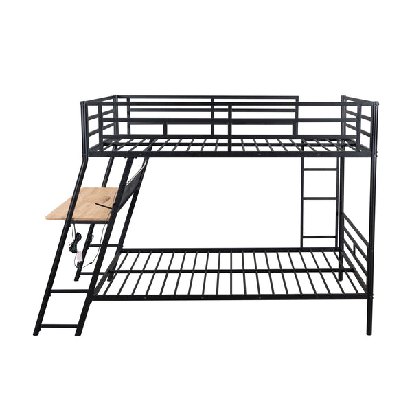 English Elm Full Full Size Metal Bunk Bed with Built-in Desk, Light, 2 Drawers, Shelves, Sturdy Space-Saver Black GX001517AAB