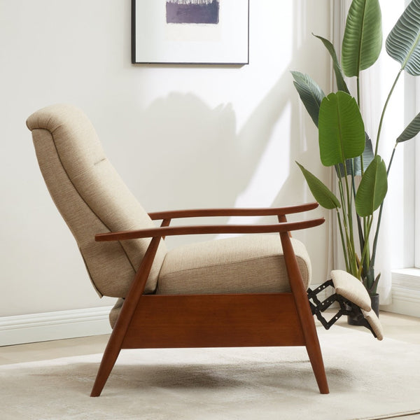 English Elm Tustin Mid-century Push Back Recliner with Chestnut Wood Arms and Performance Fabric Beige B050P429143