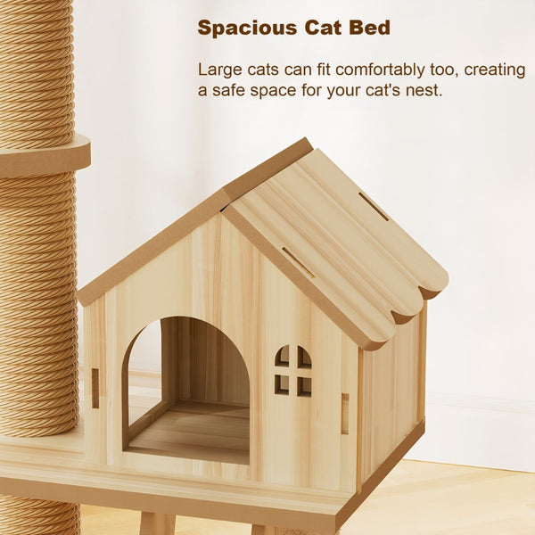 English Elm Floor to Ceiling Tension Mount Cat Tower with Sisal Post Hammock and Wood Condo Cave W3101P384990
