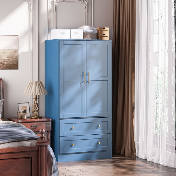English Elm Shaker Two Door Wardrobe Armoire with Hanging Rod Drawers and Bedroom Storage T3210P477664