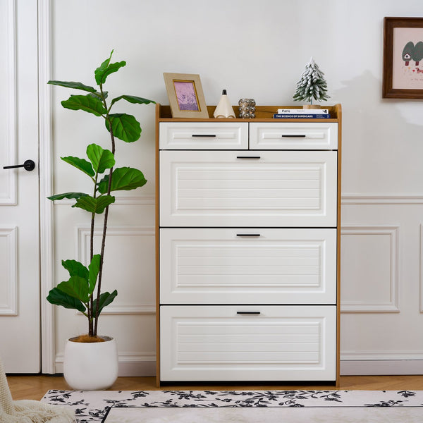English Elm Two drawer three-fold shoe cabinet with ample vertical shelving, smooth finish, compact entryway storage White+Walnut W3871P368979