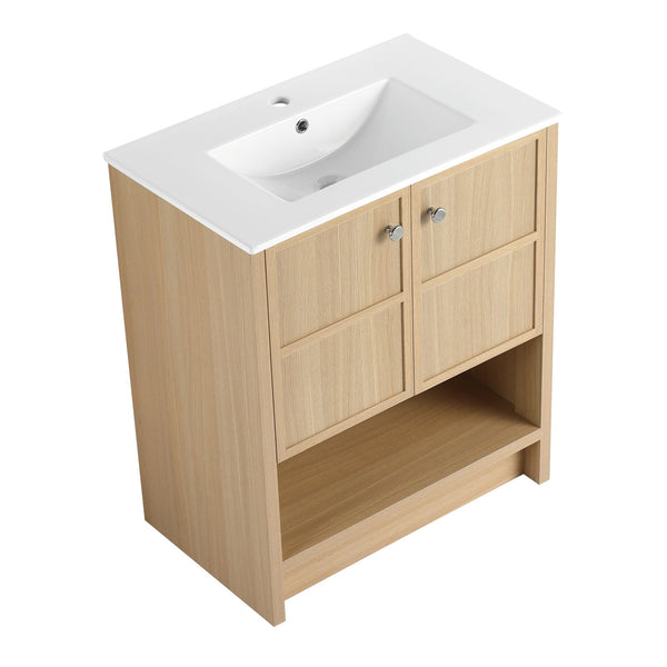English Elm 30" Freestanding Bathroom Vanity with Ceramic Sink, Oak Plywood Finish, Soft-Closing Doors, Open Shelf W1972S00024