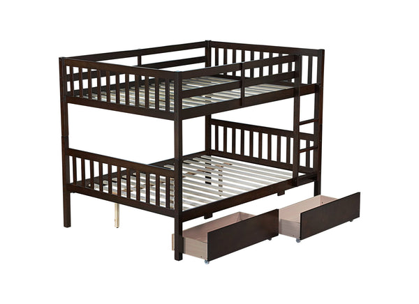 English Elm Full Full Over Full Rubber Wood Bunk Bed With 2 Storage Drawers, Convertible Into 2 Separate Beds, Espresso W504S00196