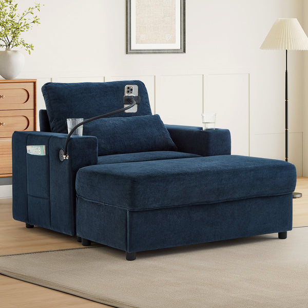 English Elm Modern Multifunctional Armchair with Chaise Lounge, Hidden Ottoman Storage, USB Ports & Cup Holders Blue N719P292700C