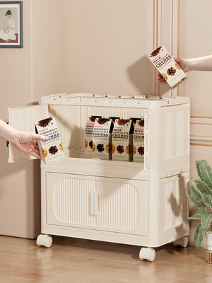 English Elm Cream White 5-Tier Folding Storage Cabinet With Magnetic Door & Wheels – Versatile Space-Saving Solution W2873P239386
