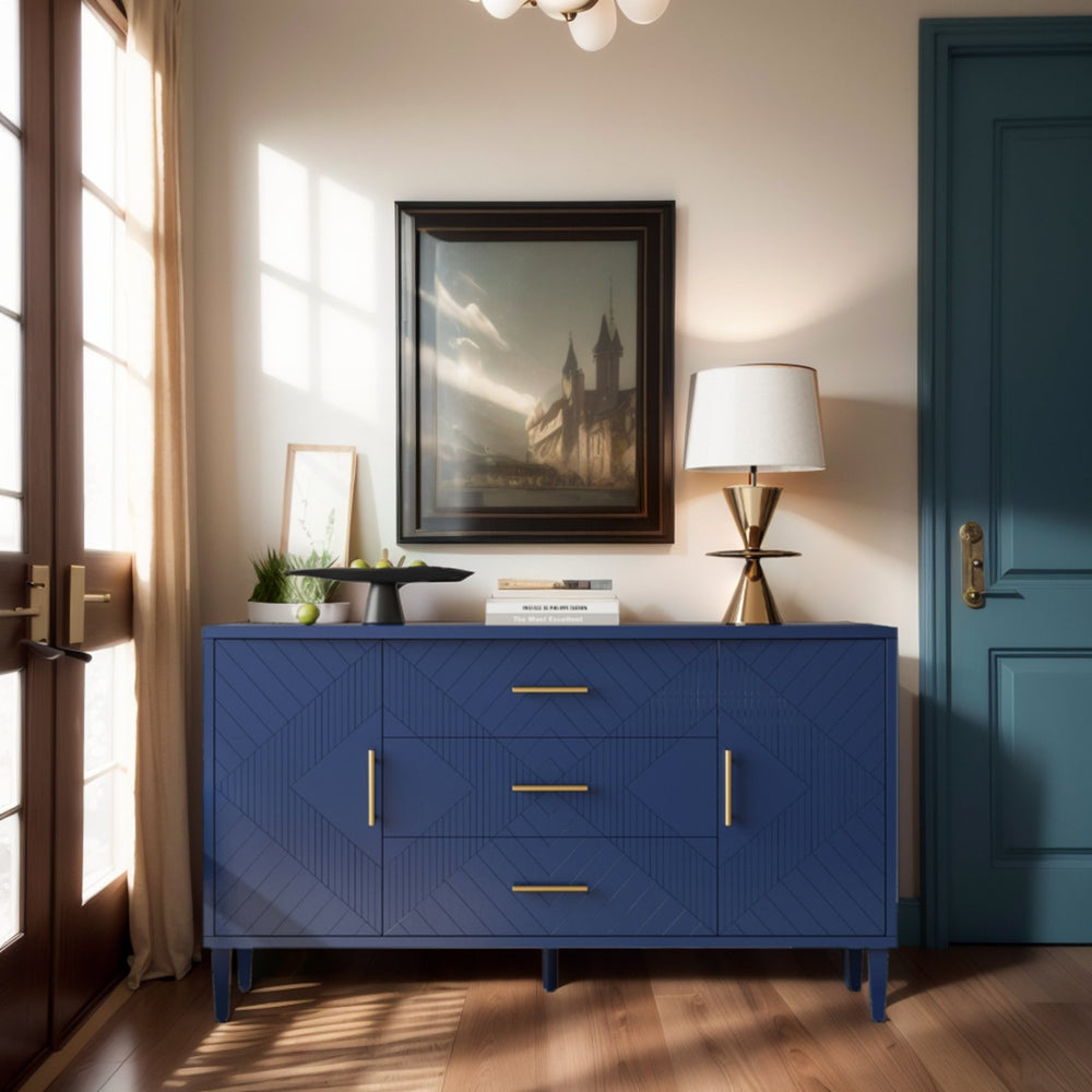 English Elm Stylish 4-Door Storage Cabinet with Pine Legs and MDF Veneer — Mid-Century Console for Living Rooms Navy Blue W757P144374