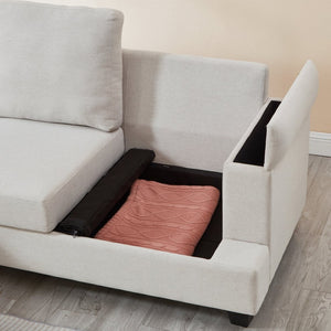 English Elm 86" Linen Sectional Sofa with Storage Ottoman Reversible Chaise for Small Spaces Beige W1669S00035