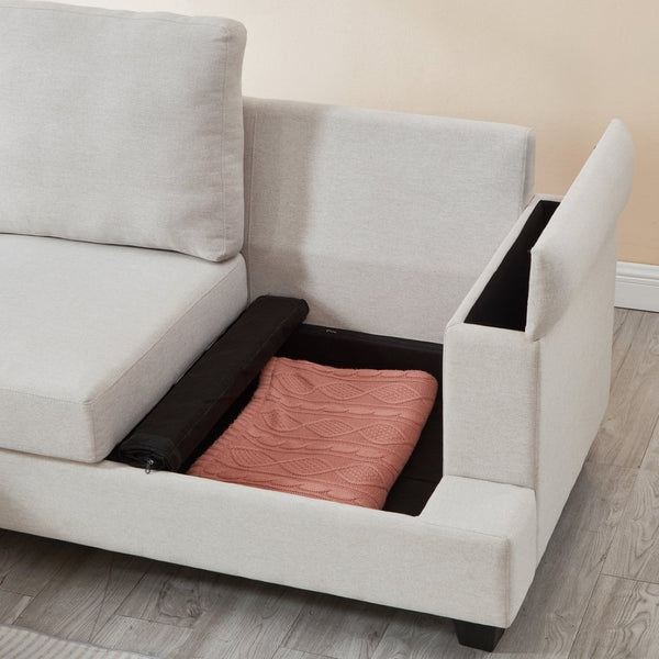 English Elm 86" Linen Sectional Sofa with Storage Ottoman Reversible Chaise for Small Spaces Beige W1669S00035