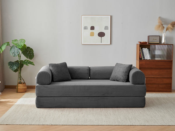 English Elm 78.8" Corduroy Modular Floor Sofa Convertible Sleeper Futon with Pillow Back Support Gray W5617P456004
