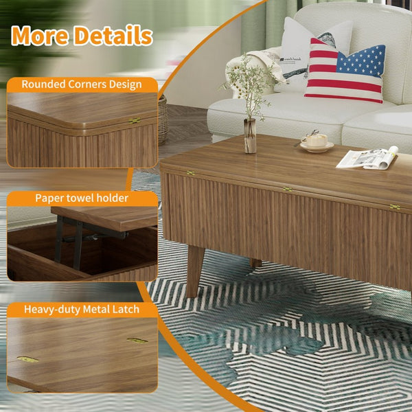 English Elm 3 in 1 Oval Lift Top Coffee Table Fluted Wood Storage Converts for Living Room W2641P422965