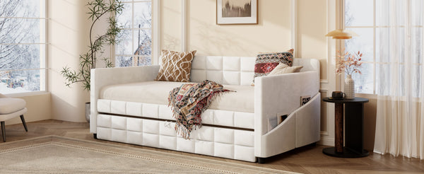 English Elm Modern Velvet Twin Daybed with Pull Out Trundle and Built in Armrest Storage Pockets Beige SF000200AAA