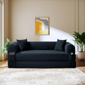 English Elm Convertible Corduroy Sleeper Sofa Queen Fold Out Bed with Dual Storage Pockets Dark Blue W3396P483184