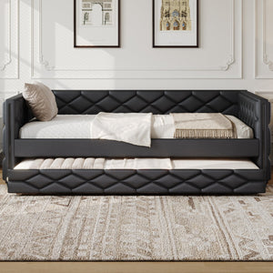 English Elm Full XL Upholstered Daybed with Trundle and Built-In LED Lighting, Tufted Arms, Solid Wood Frame Black N7090000611B