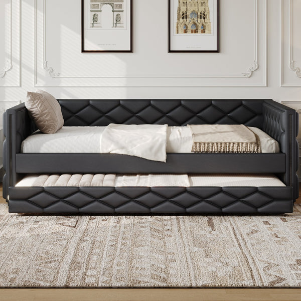 English Elm Full XL Upholstered Daybed with Trundle and Built-In LED Lighting, Tufted Arms, Solid Wood Frame Black N7090000611B