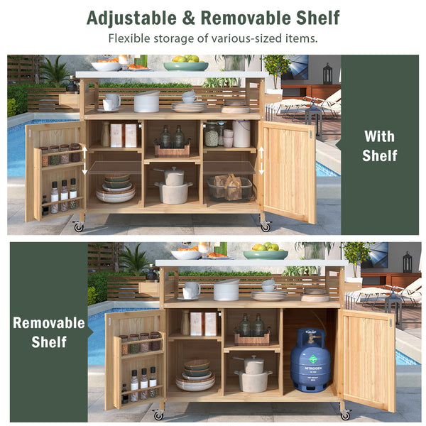 English Elm K&K Outdoor Kitchen Island Rolling Bar Cart with 1.2" Stainless Steel Top, Ample Storage, Wheels and Spice Rack Natural WF532198AAY