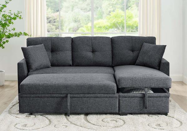 English Elm 76.5" Chenille Tufted Sectional Sleeper Sofa with Reversible Chaise and Hidden Storage Dark Gray B2748S00002