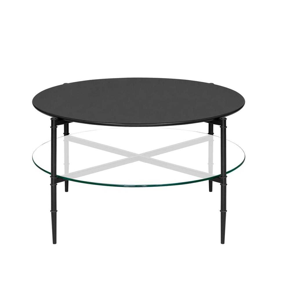 JLA Home Martha Stewart - Round Matte Black Coffee Table with Interchangeable Wood & Tempered Glass Tops, Lower Shelf Elegance MT120-1189