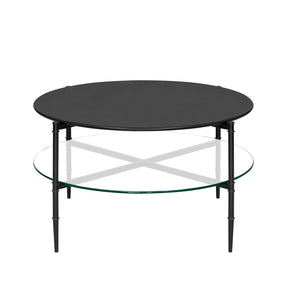 JLA Home Martha Stewart - Round Matte Black Coffee Table with Interchangeable Wood & Tempered Glass Tops, Lower Shelf Elegance MT120-1189