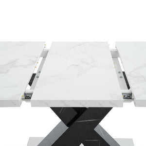 English Elm 47.24"-62.99"modern Extendable Dining Table Marble Print Top with X-base Seats Six W757S00049