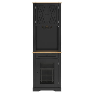 English Elm Bar Cabinet Farmhouse 69 Inch with Rgb Led Barn Door Wine Rack and Charging Station Black N728P438603B