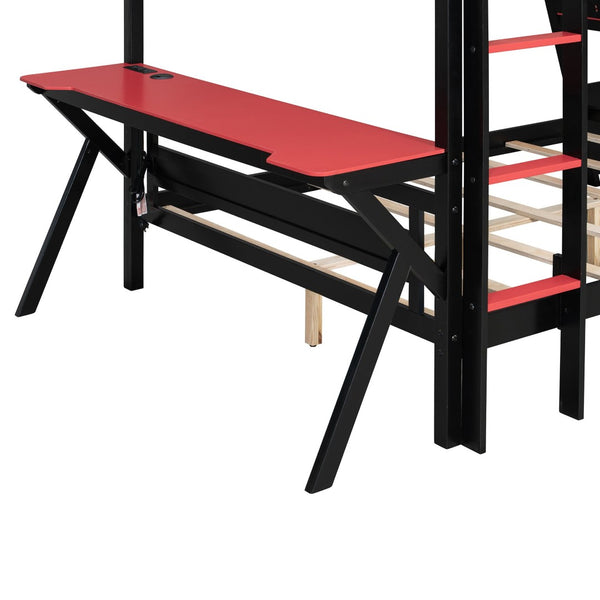 English Elm Full Size Gaming Bunk Bed with Dual Desks Usb Charging Ports and Pegboard Storage Red LT000274AAR