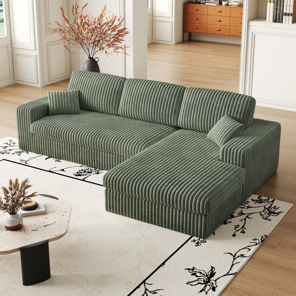 English Elm 114.5'Modern Corduroy Modular sofa with reversible chaise, slow-rebound foam cushions and versatile L-shape seating Green W834S00459