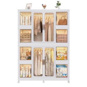 English Elm Portable Wardrobe Closet Organizer with 12 Magnetic Doors, 12 Cubes, 2 Rods, 16 Hangers — Durable PP Storage Cabinet White W2699P184784