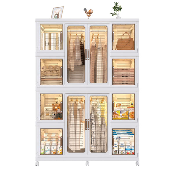 English Elm Portable Wardrobe Closet Organizer with 12 Magnetic Doors, 12 Cubes, 2 Rods, 16 Hangers — Durable PP Storage Cabinet White W2699P184784