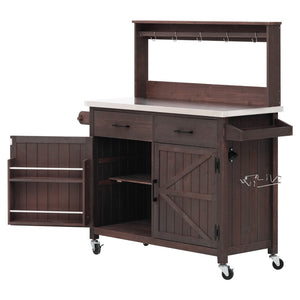 English Elm K&k Solid Fir Grill Cart Stainless Steel Top Outdoor Kitchen Station with Locking Wheels Brown N707P409087Z