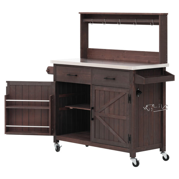 English Elm K&k Solid Fir Grill Cart Stainless Steel Top Outdoor Kitchen Station with Locking Wheels Brown N707P409087Z