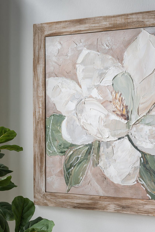 English Elm 39.4x39.4x1.2" Hand-painted Magnolia Canvas Art in Rustic Fir Wood Frame W2078P475437