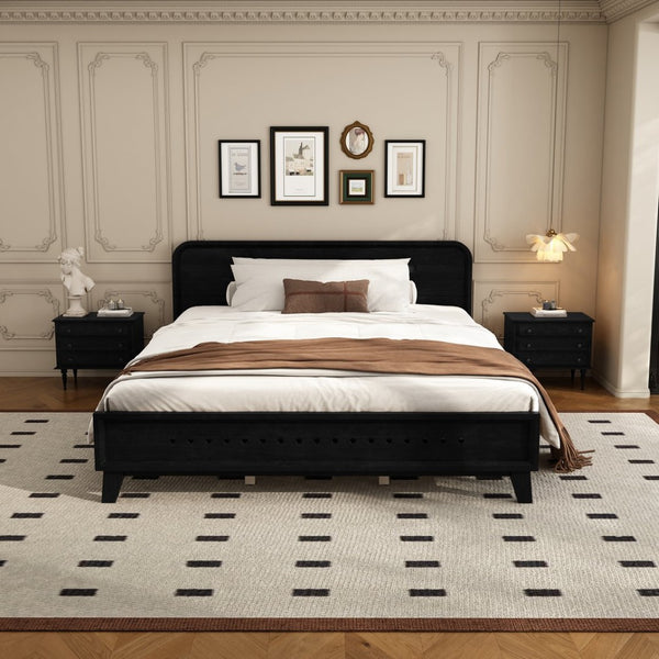English Elm Pine Solid Wood Queen Platform Bed Matte Finish Tall Headboard No Box Spring Black N770PQ291030B
