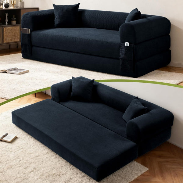 English Elm Convertible Corduroy Sleeper Sofa Queen Fold Out Bed with Dual Storage Pockets Dark Blue W3396P483184
