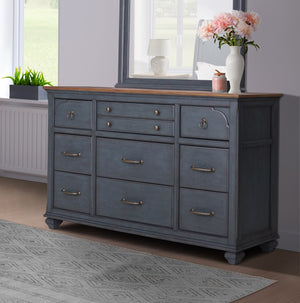 English Elm 9-Drawer Corduroy Blue Dresser, Fully Assembled, Rubberwood & Birch, Soft-Close Felt-Lined Drawers B108P193083