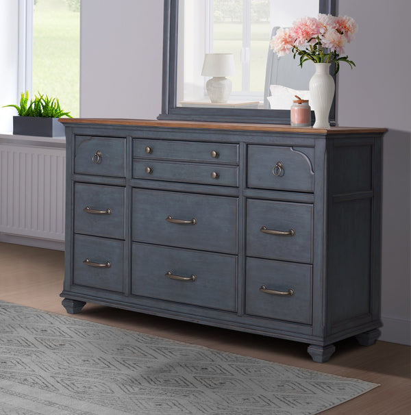 English Elm 9-Drawer Corduroy Blue Dresser, Fully Assembled, Rubberwood & Birch, Soft-Close Felt-Lined Drawers B108P193083