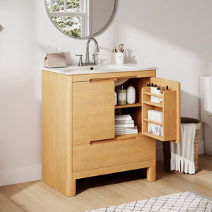 English Elm [video] 30 Inch Freestanding Bathroom Vanity Pine Legs Ceramic Sink Soft Close Storage Oak N759P412928O