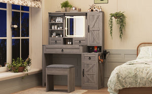 English Elm Farmhouse LED Vanity Desk with Sliding Mirror, Glass Top Storage, Built-In Charging Station & Stool Gray 37 L x 18.5 W x 13 H N733P340562G
