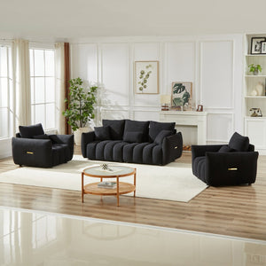 English Elm 3 Piece Teddy Fleece Sofa Set with Two Armchairs Cozy Apartment Living Room Seating Black W1193S00180