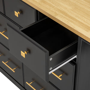 English Elm K&K Rustic Kitchen Island Cart with 6 Drawers, Pull-Out Trash Cabinet, Drop Leaf & Built-In Charging Station Black N707P307292B