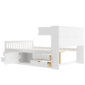 English Elm Full Size Captain Platform Bed Frame With Bookcase Headboard, Storage Drawers & White Finish N7090000473K