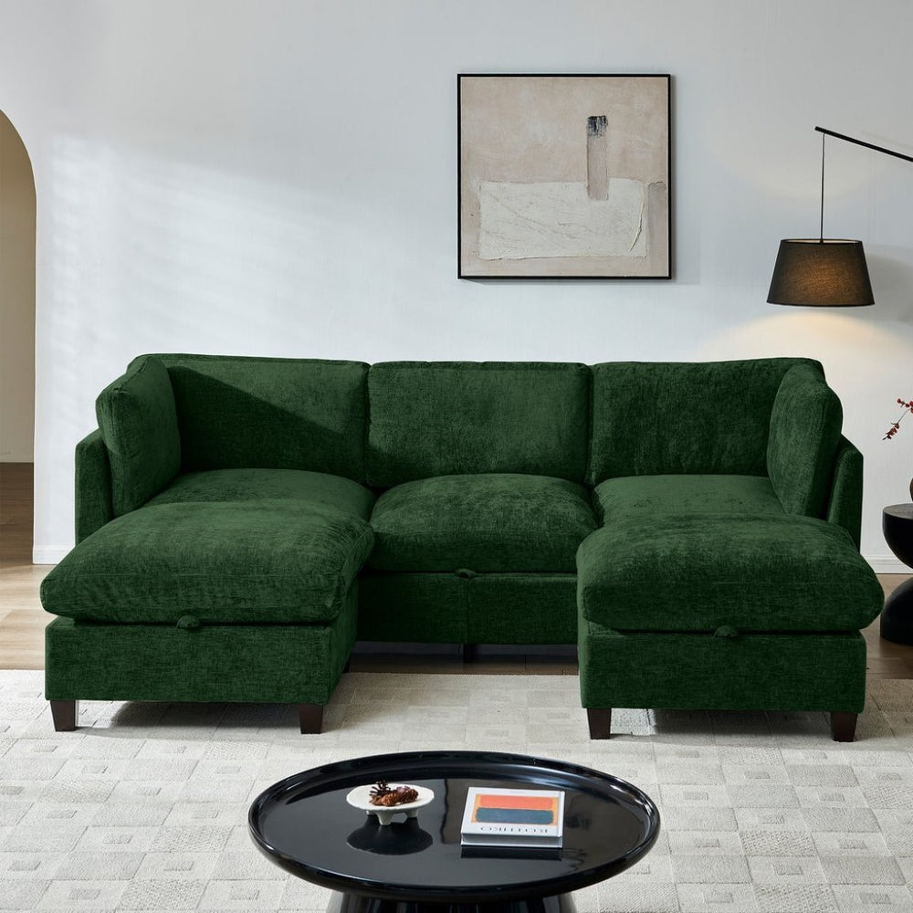 English Elm 96.5" L-shaped Chenille Sectional with Storage Ottoman Eucalyptus Frame Living Room Green W1097S00287