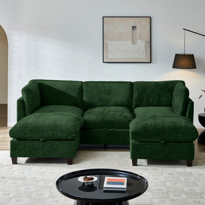 English Elm 96.5" L-shaped Chenille Sectional with Storage Ottoman Eucalyptus Frame Living Room Green W1097S00287