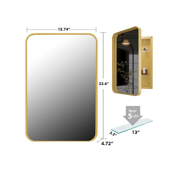 English Elm 16x24 Recessed Golden Metal Framed Medicine Cabinet with Mirror, Adjustable Shelves, Elegant Matte Gold Finish and Storage for Bathroom (Recessed) W1435P191606