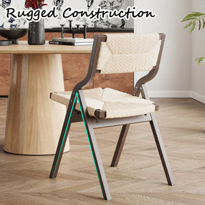 English Elm Wood Foldable Dining Chair Set of 2 with Woven Rattan Seat, Teak Finish, Comfortable Padded Design Beige,Walnut Brown T3623P380496