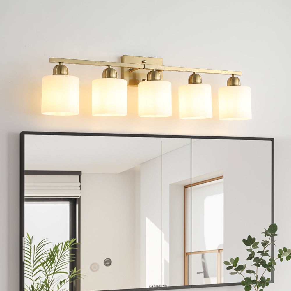 English Elm Gold 5-Light Modern Vanity Light Fixture Over Mirror With Frosted Glass Shades For Elegant Illumination W2312P374857