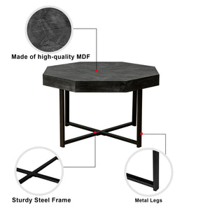English Elm Wood Octagonal Vintage Patchwork Craft Farmhouse 30-Inch Wooden Table Top with Cross Metal Legs, Stylish Living Room Centerpiece Antique Black W1445P193123