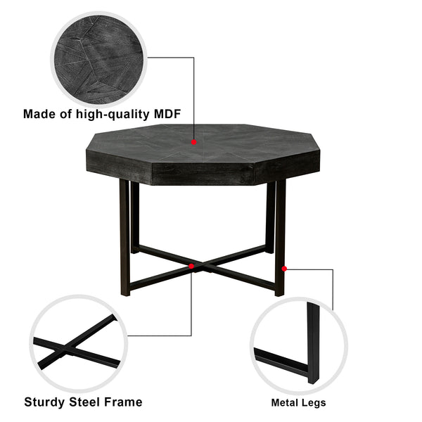 English Elm Wood Octagonal Vintage Patchwork Craft Farmhouse 30-Inch Wooden Table Top with Cross Metal Legs, Stylish Living Room Centerpiece Antique Black W1445P193123