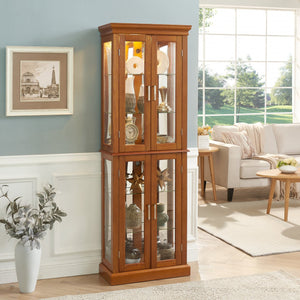 English Elm Curio Display Cabinet with Internal Lighting, Mirrored Back, 6 Adjustable Shelves, Glass Doors Oak W1693P154580